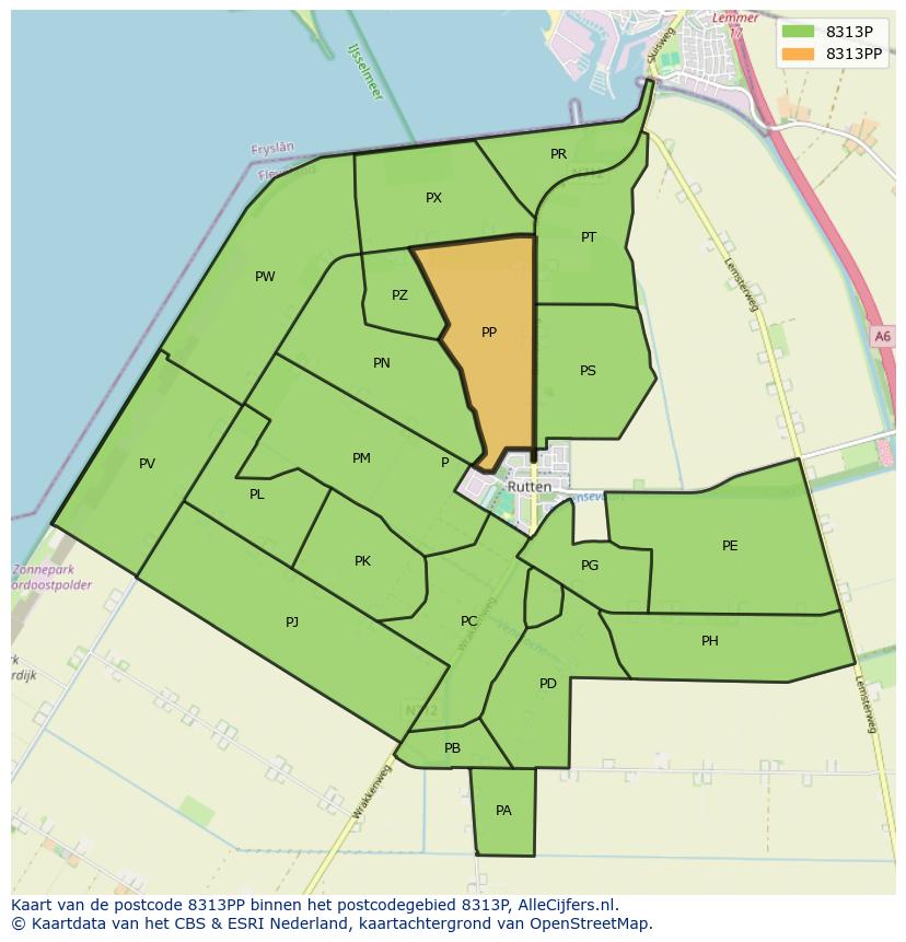 Afbeelding van het postcodegebied 8313 PP op de kaart.