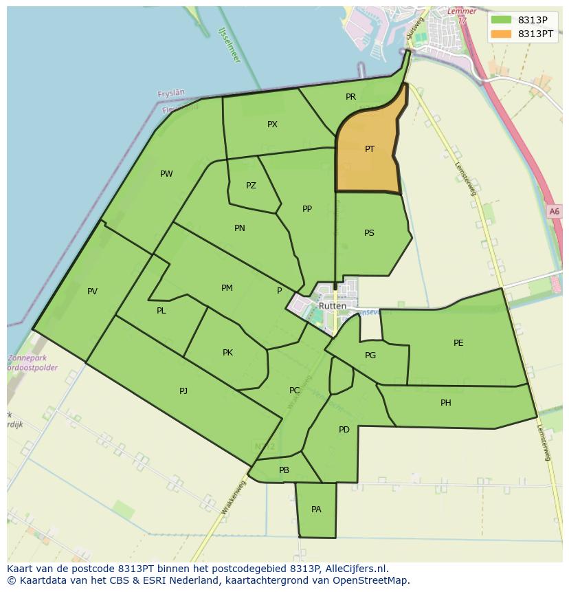 Afbeelding van het postcodegebied 8313 PT op de kaart.