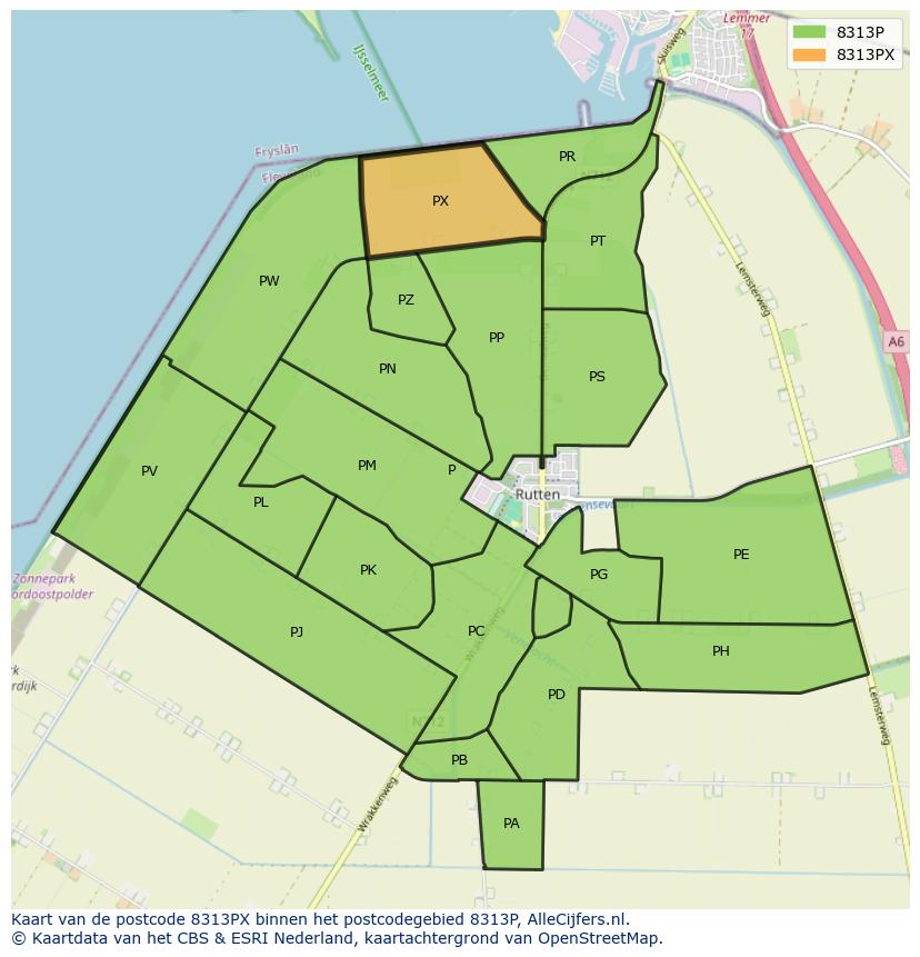 Afbeelding van het postcodegebied 8313 PX op de kaart.