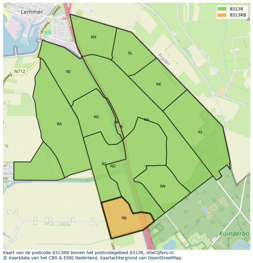 Afbeelding van het postcodegebied 8313 RB op de kaart.