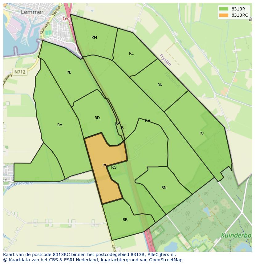 Afbeelding van het postcodegebied 8313 RC op de kaart.