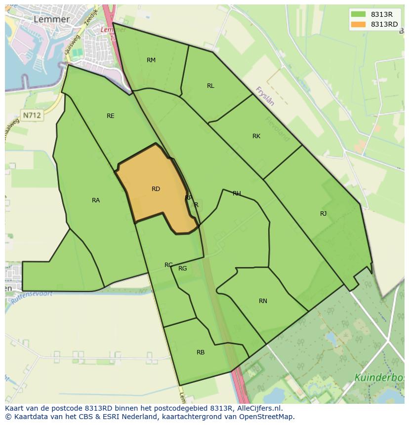 Afbeelding van het postcodegebied 8313 RD op de kaart.