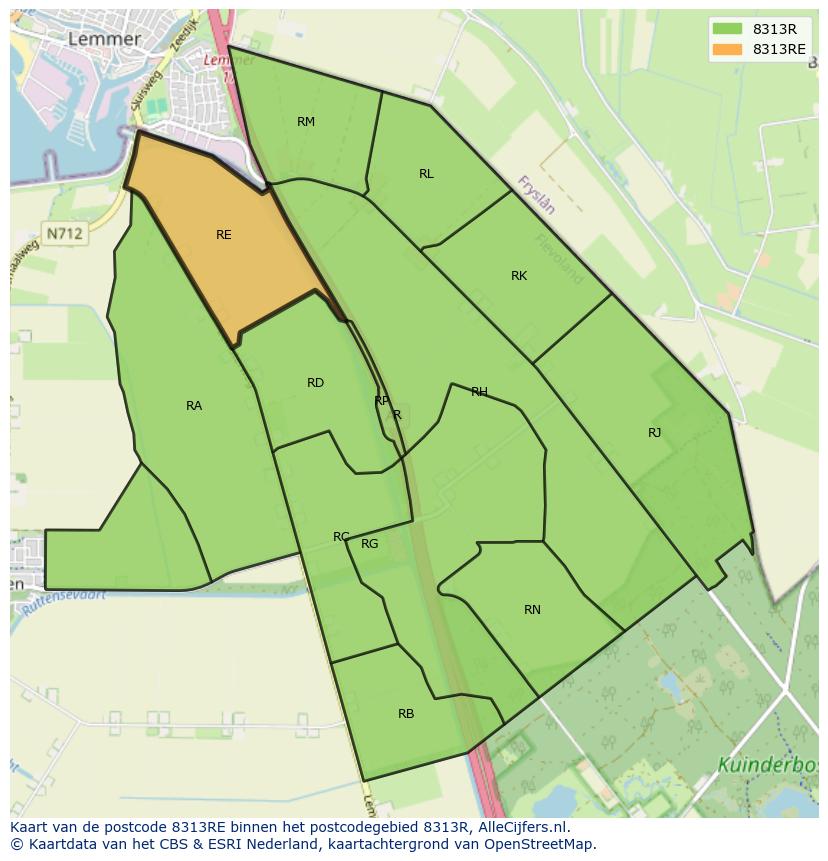 Afbeelding van het postcodegebied 8313 RE op de kaart.
