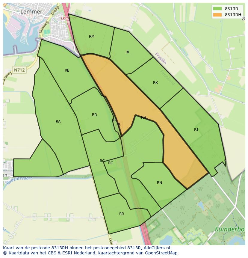 Afbeelding van het postcodegebied 8313 RH op de kaart.