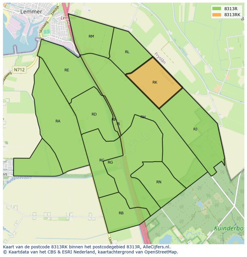 Afbeelding van het postcodegebied 8313 RK op de kaart.