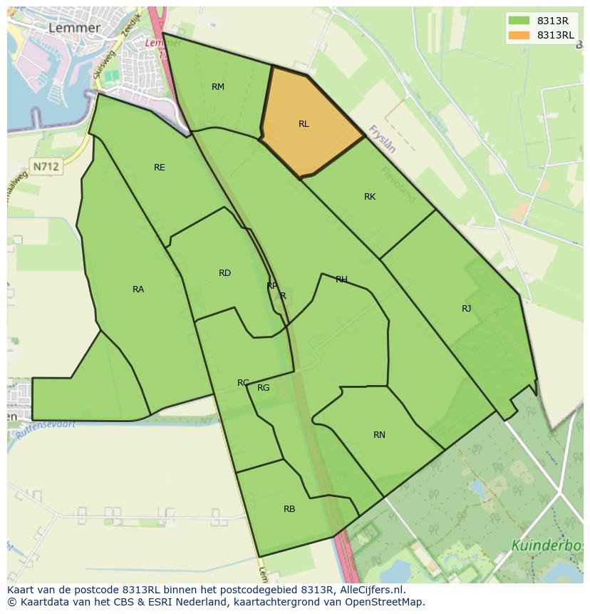 Afbeelding van het postcodegebied 8313 RL op de kaart.