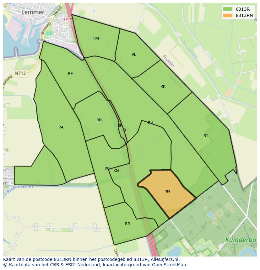 Afbeelding van het postcodegebied 8313 RN op de kaart.
