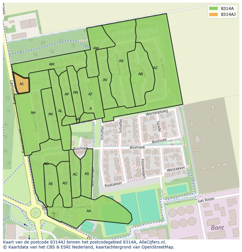 Afbeelding van het postcodegebied 8314 AJ op de kaart.
