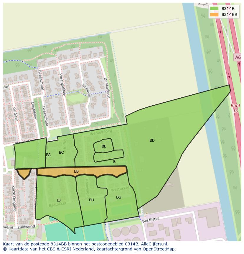 Afbeelding van het postcodegebied 8314 BB op de kaart.