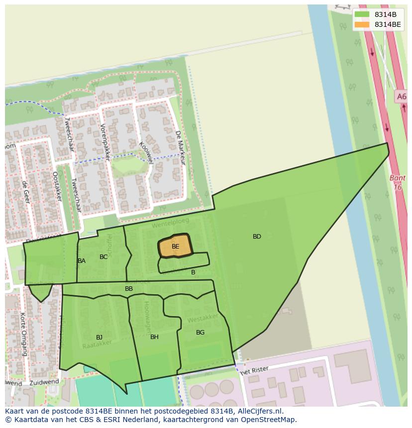 Afbeelding van het postcodegebied 8314 BE op de kaart.