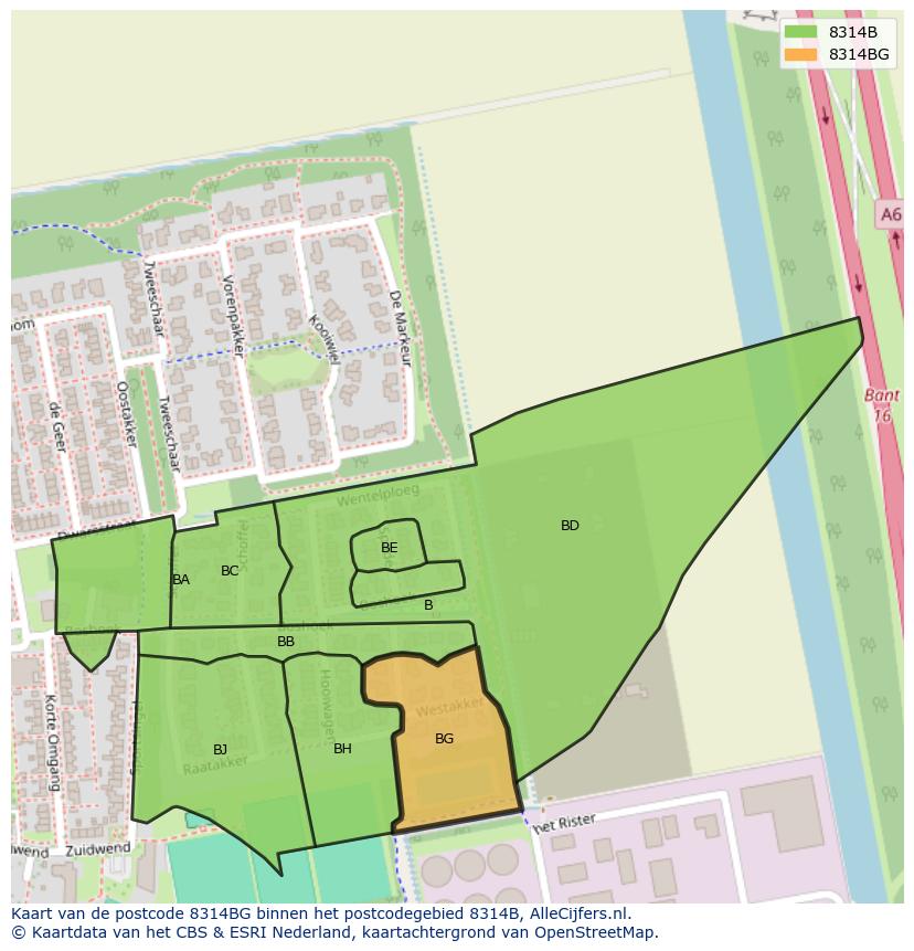 Afbeelding van het postcodegebied 8314 BG op de kaart.