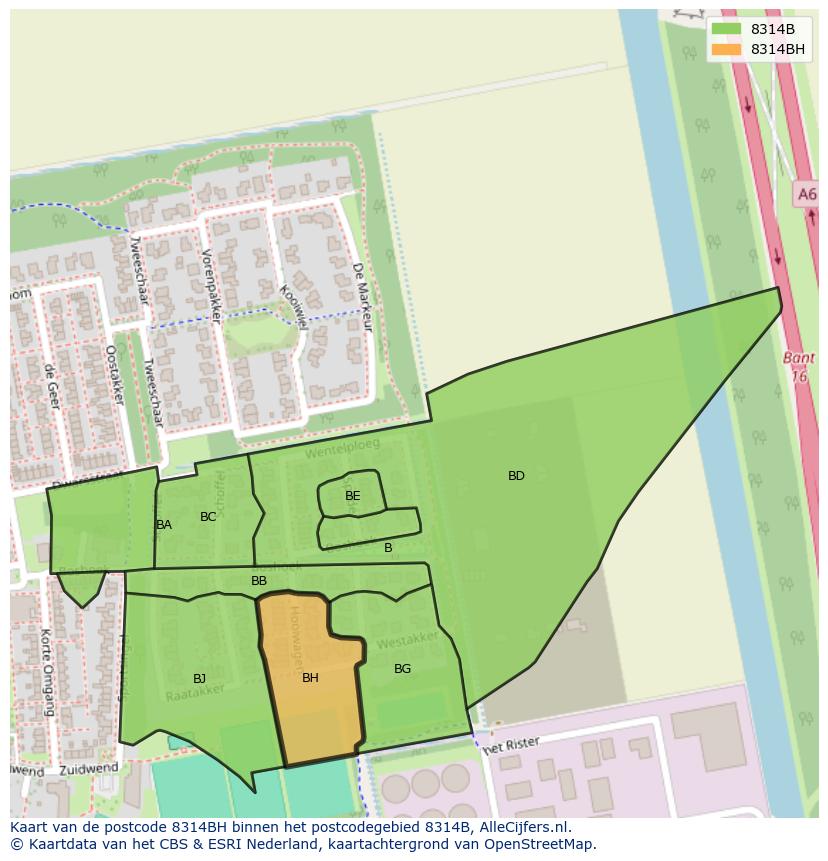 Afbeelding van het postcodegebied 8314 BH op de kaart.