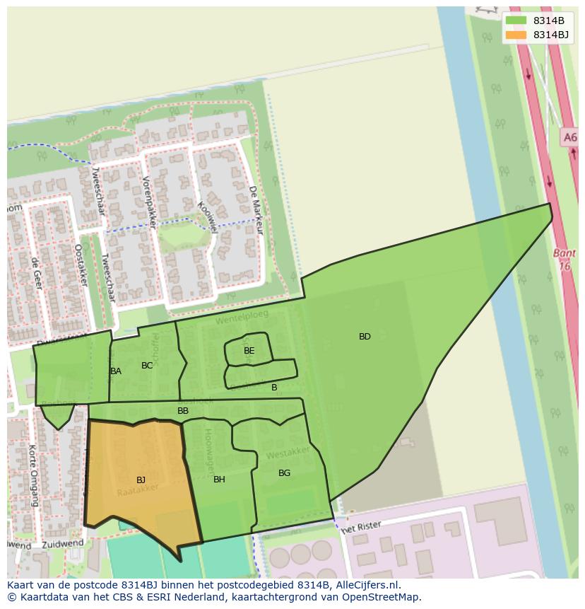 Afbeelding van het postcodegebied 8314 BJ op de kaart.