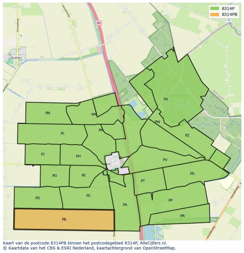 Afbeelding van het postcodegebied 8314 PB op de kaart.