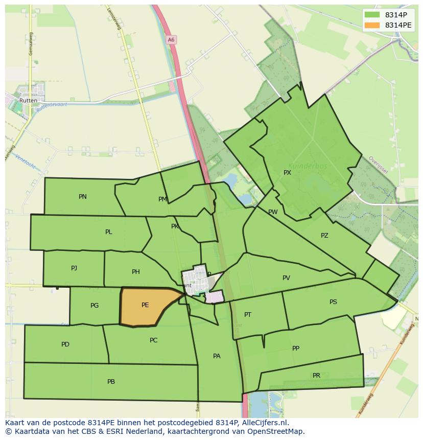 Afbeelding van het postcodegebied 8314 PE op de kaart.