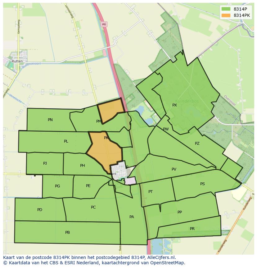 Afbeelding van het postcodegebied 8314 PK op de kaart.