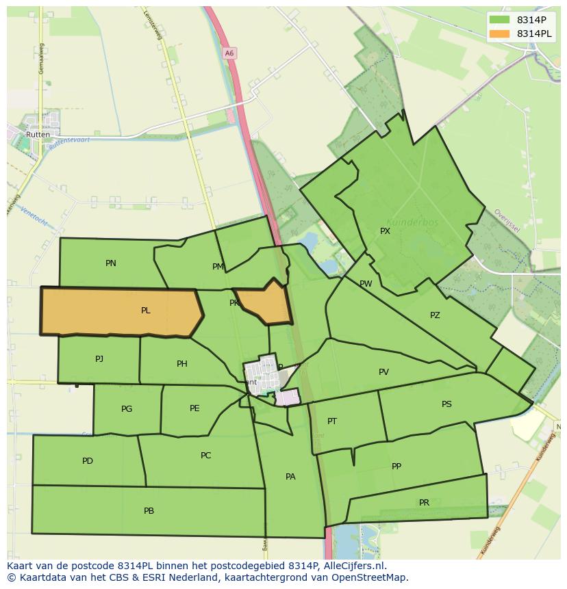 Afbeelding van het postcodegebied 8314 PL op de kaart.