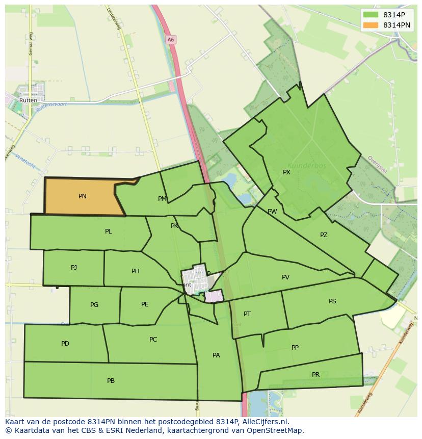 Afbeelding van het postcodegebied 8314 PN op de kaart.