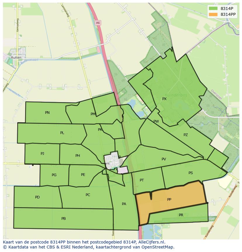 Afbeelding van het postcodegebied 8314 PP op de kaart.