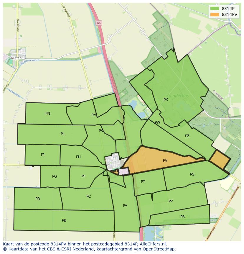 Afbeelding van het postcodegebied 8314 PV op de kaart.