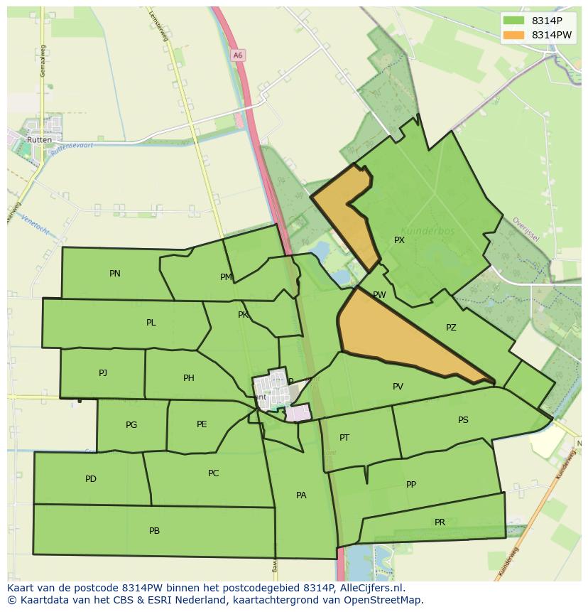 Afbeelding van het postcodegebied 8314 PW op de kaart.