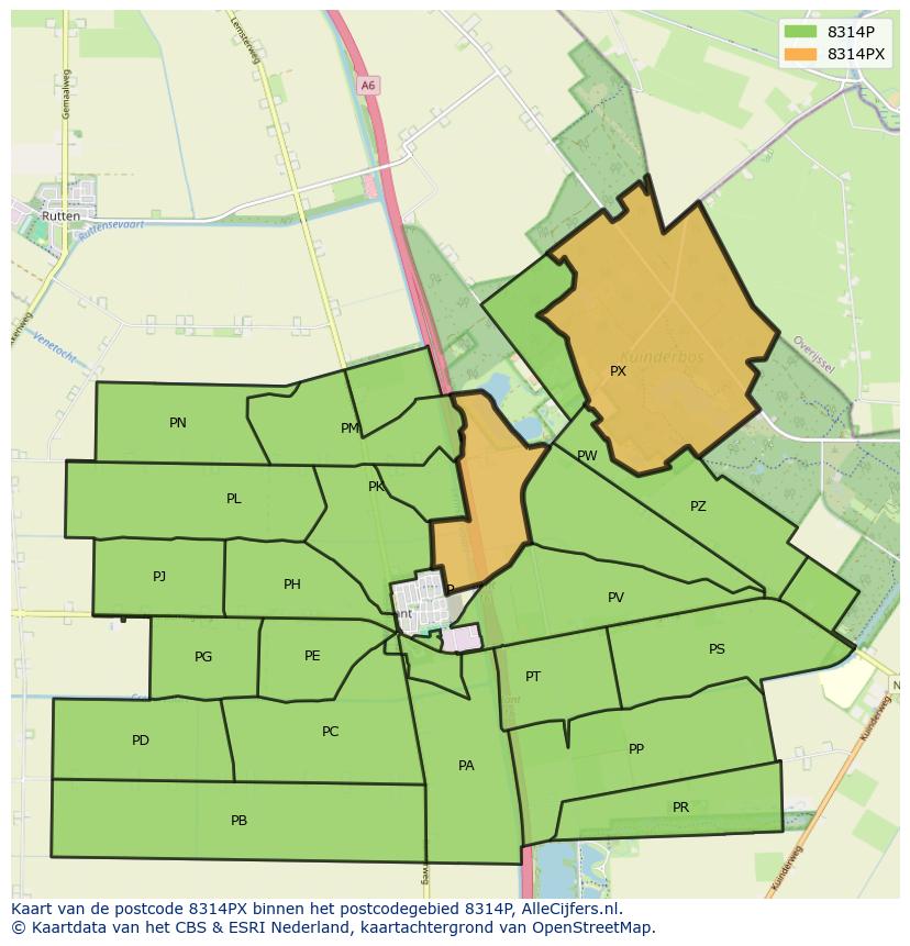 Afbeelding van het postcodegebied 8314 PX op de kaart.