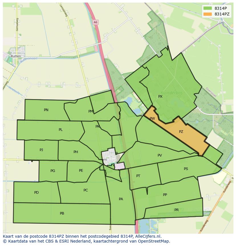 Afbeelding van het postcodegebied 8314 PZ op de kaart.