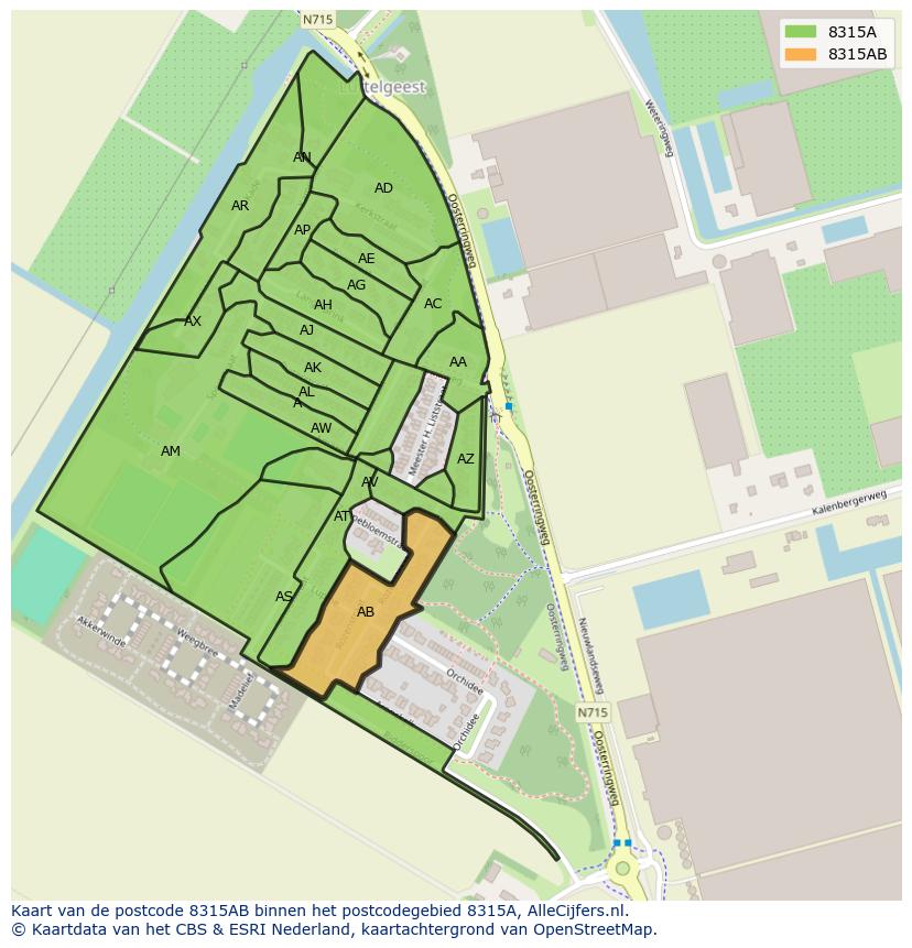 Afbeelding van het postcodegebied 8315 AB op de kaart.