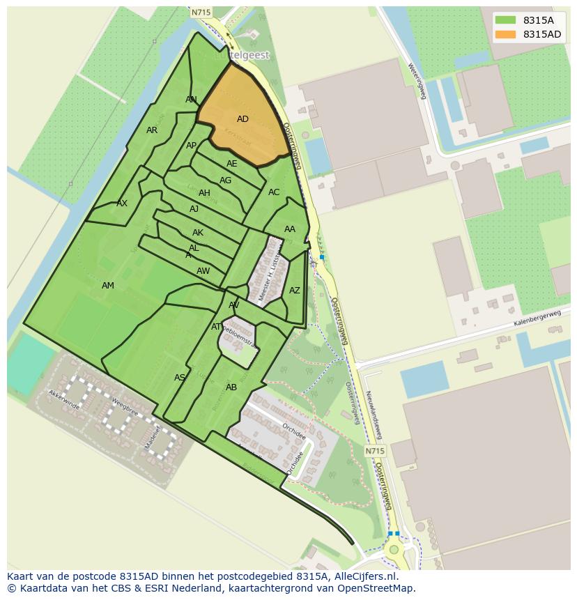 Afbeelding van het postcodegebied 8315 AD op de kaart.