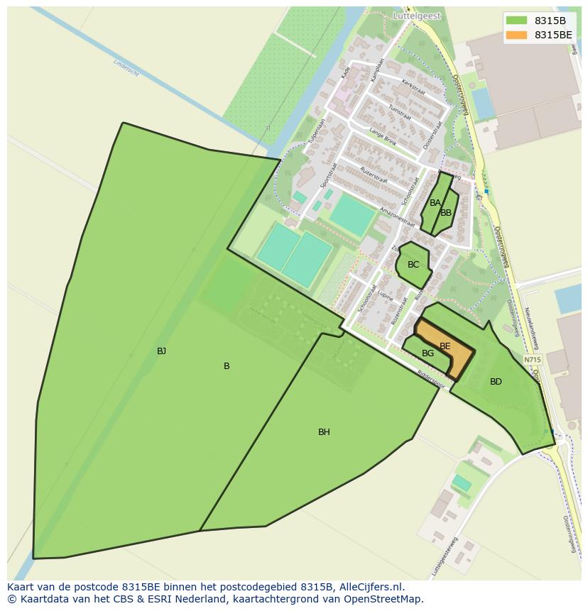 Afbeelding van het postcodegebied 8315 BE op de kaart.