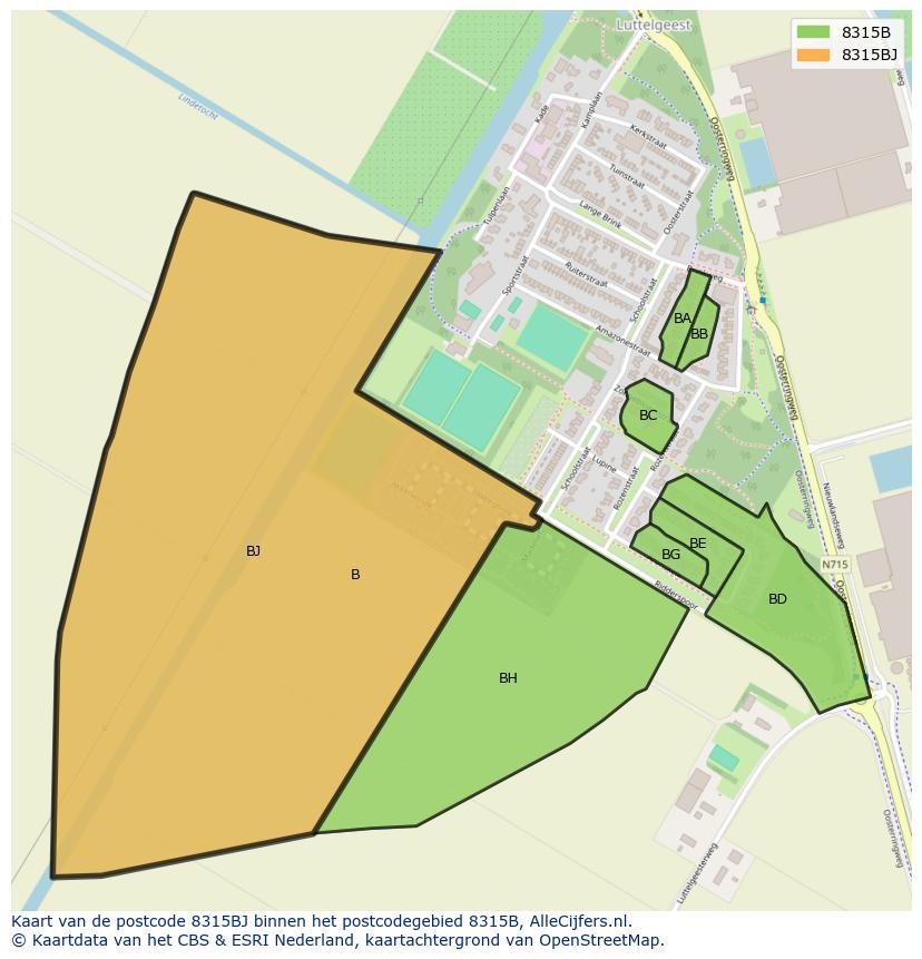 Afbeelding van het postcodegebied 8315 BJ op de kaart.
