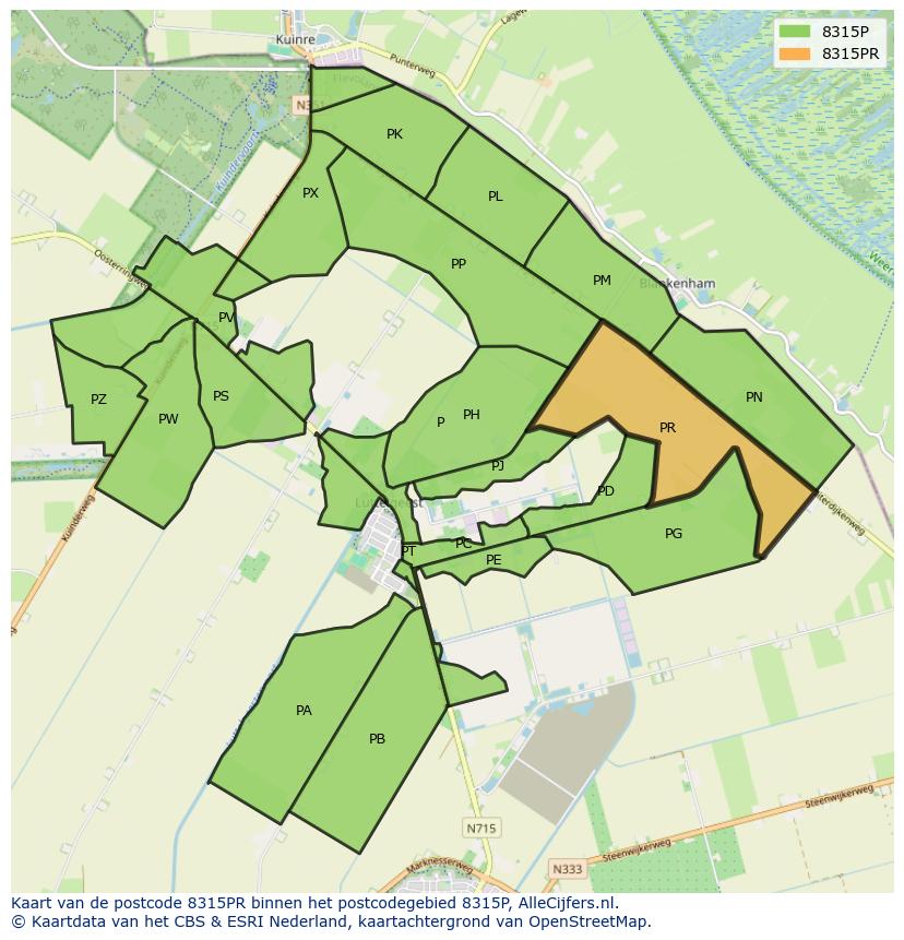Afbeelding van het postcodegebied 8315 PR op de kaart.