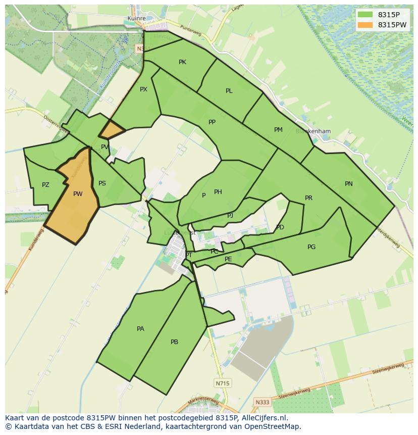 Afbeelding van het postcodegebied 8315 PW op de kaart.