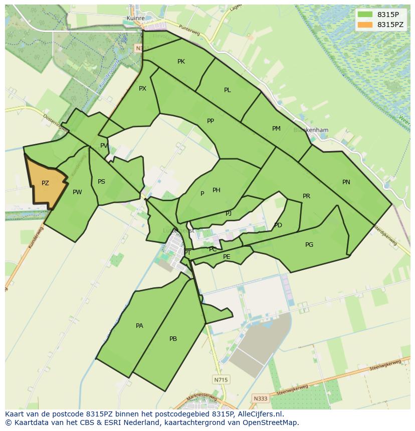 Afbeelding van het postcodegebied 8315 PZ op de kaart.