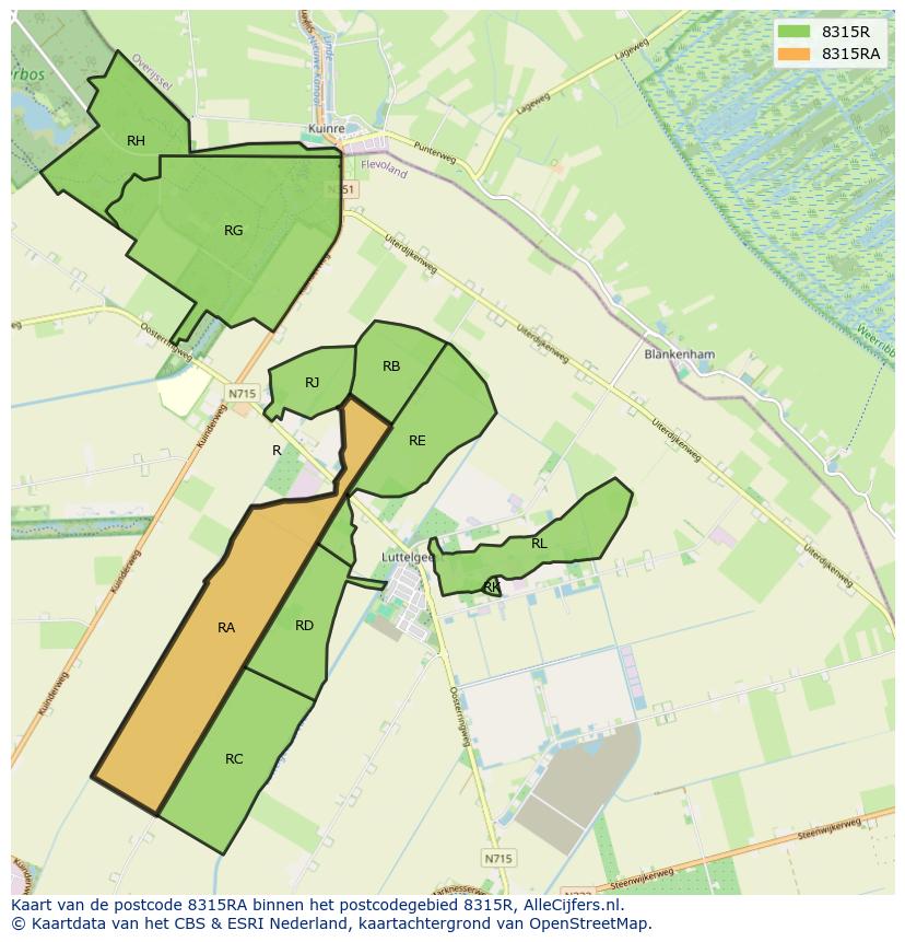Afbeelding van het postcodegebied 8315 RA op de kaart.
