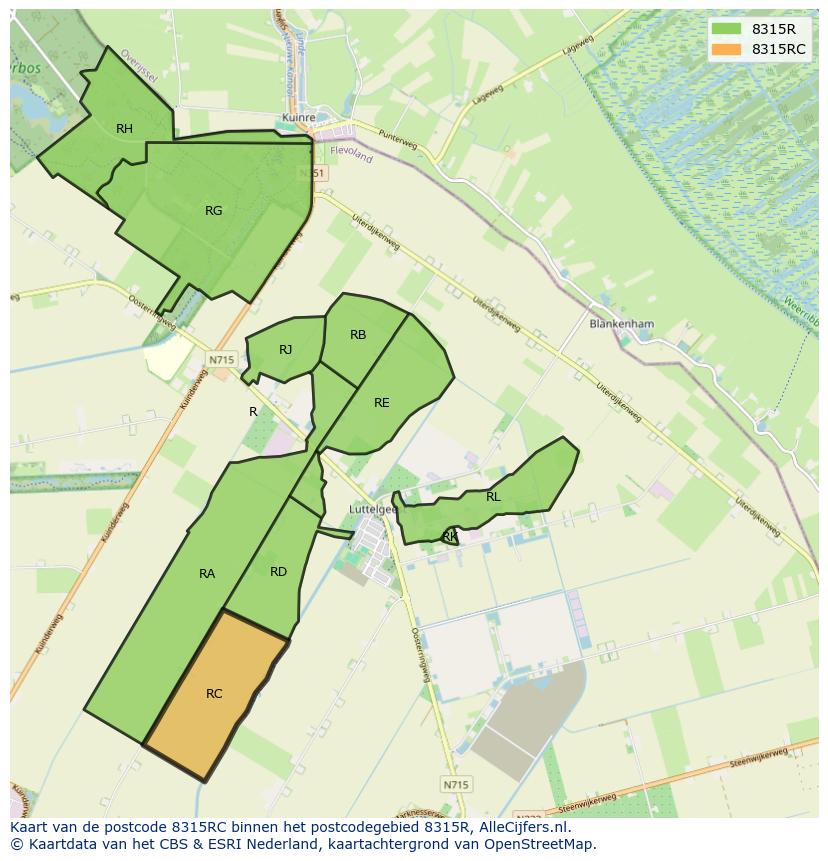 Afbeelding van het postcodegebied 8315 RC op de kaart.