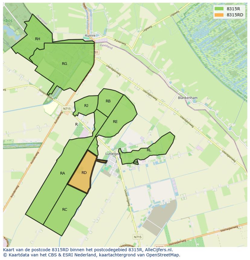 Afbeelding van het postcodegebied 8315 RD op de kaart.