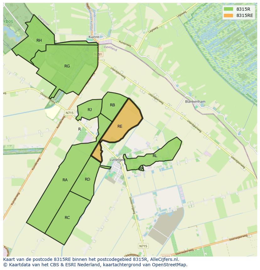 Afbeelding van het postcodegebied 8315 RE op de kaart.