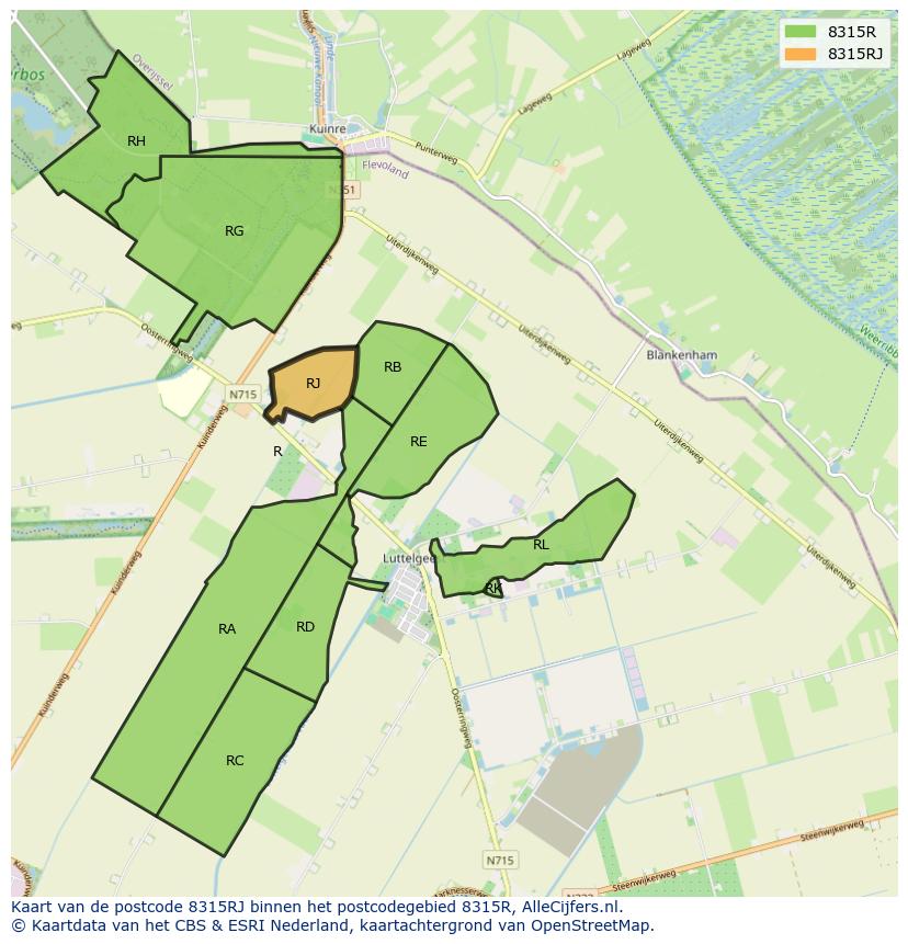 Afbeelding van het postcodegebied 8315 RJ op de kaart.