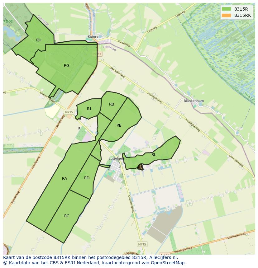 Afbeelding van het postcodegebied 8315 RK op de kaart.