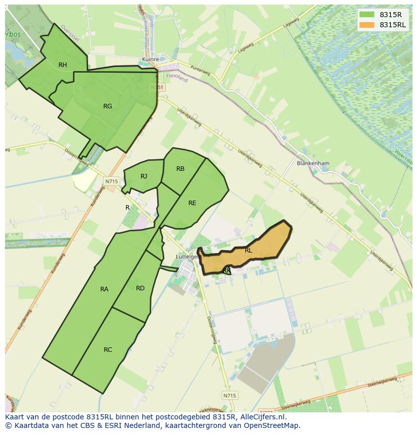 Afbeelding van het postcodegebied 8315 RL op de kaart.