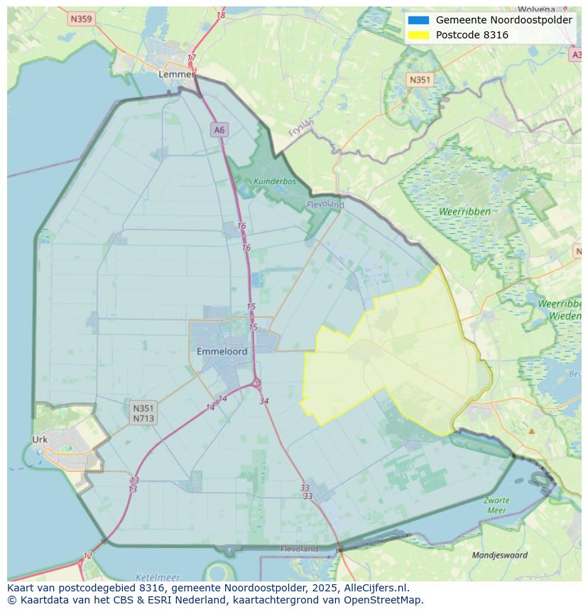 Afbeelding van het postcodegebied 8316 op de kaart.