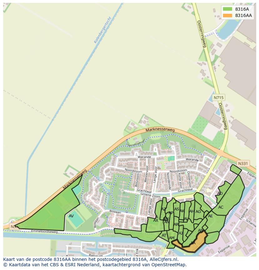 Afbeelding van het postcodegebied 8316 AA op de kaart.