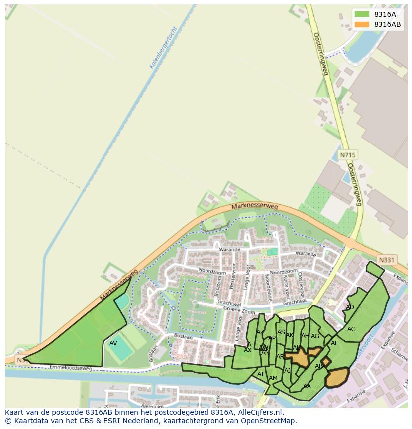 Afbeelding van het postcodegebied 8316 AB op de kaart.
