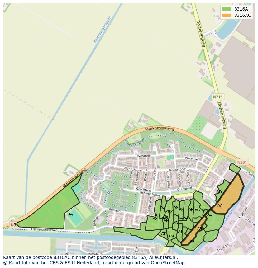 Afbeelding van het postcodegebied 8316 AC op de kaart.