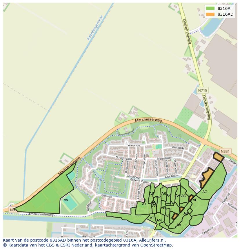 Afbeelding van het postcodegebied 8316 AD op de kaart.