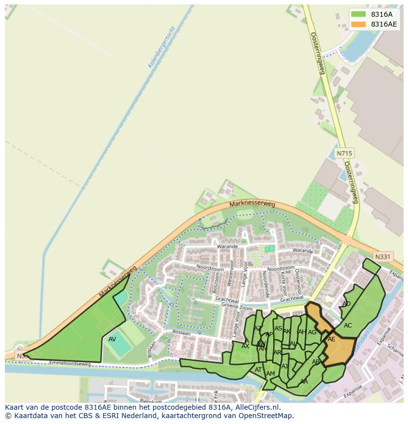 Afbeelding van het postcodegebied 8316 AE op de kaart.