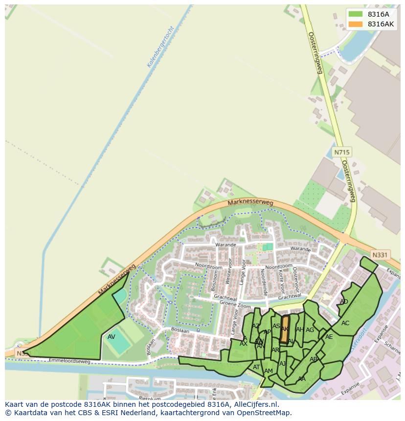 Afbeelding van het postcodegebied 8316 AK op de kaart.