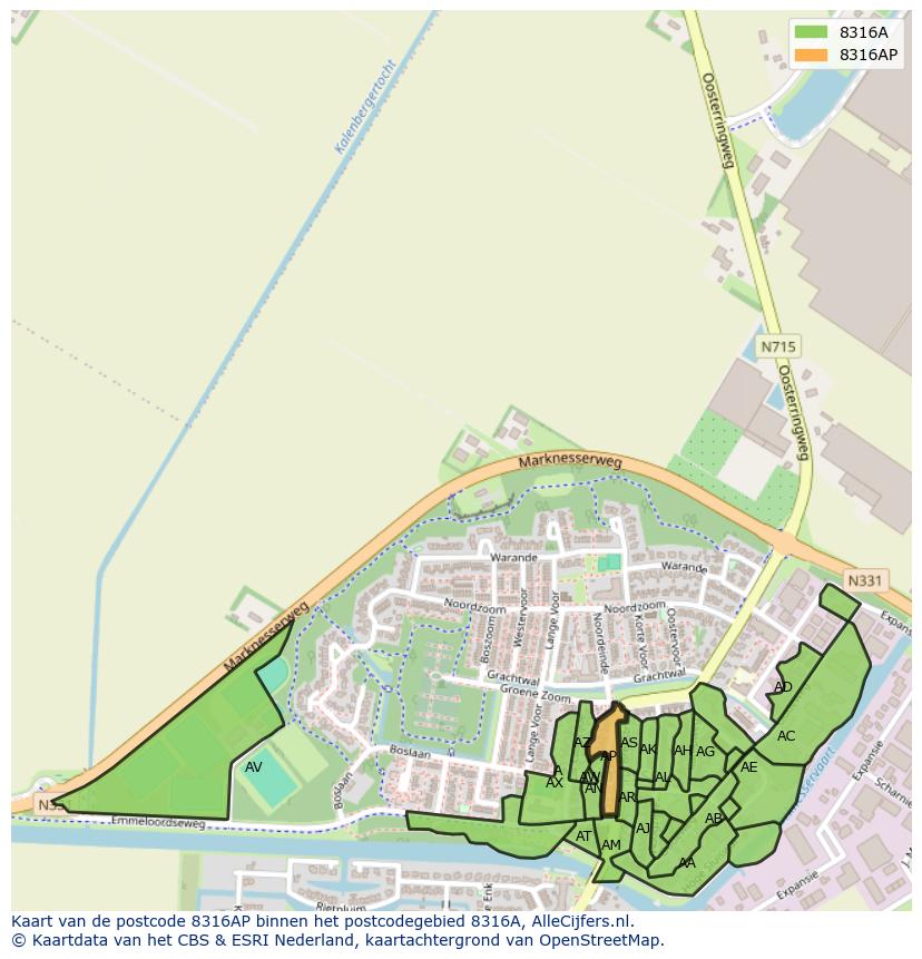 Afbeelding van het postcodegebied 8316 AP op de kaart.