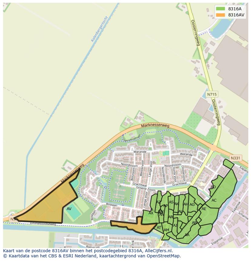 Afbeelding van het postcodegebied 8316 AV op de kaart.